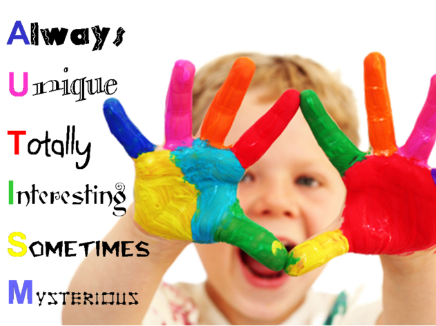 Otrok z barvnimi rokami in napis o avtizmu