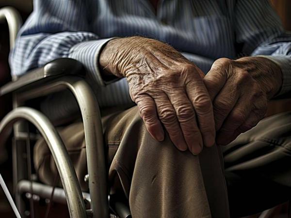 Starejši človek sedi na invalidskem vozičku