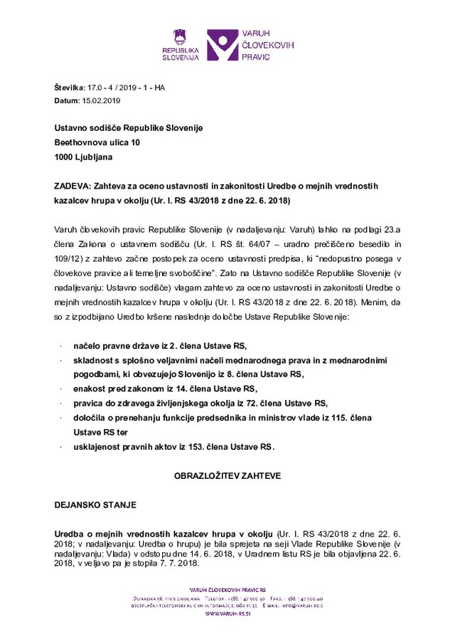 Zahteva za oceno ustavnosti in zakonitosti Uredbe o mejnih vrednostih kazalcev hrupa v okolju; vložena 15. 2. 2019