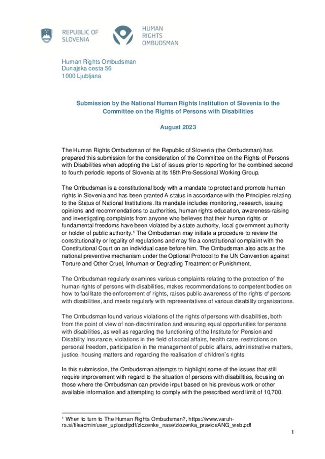 Prispevek za Odbor za pravice oseb z oviranostmi ob sprejemanju seznama vprašanj pred poročanjem za združena drugo do četrto periodično poročilo Slovenije (ang)