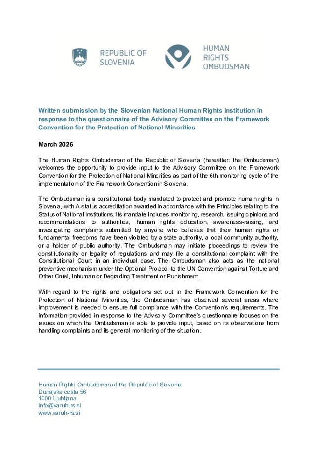 Prispevek za Svetovalni odbor Okvirne konvencije za varstvo narodnih manjšin – šesti krog ocenjevanja