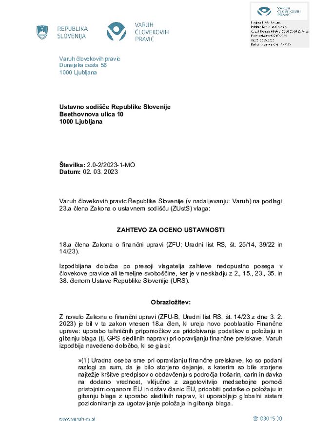 Zahteva za oceno ustavnosti 18.a člena Zakona o spremembah in dopolnitvah Zakona o finančni upravi_ZFU-B (Uradni list RS, št. 25/14, 39/22 in 14/23), vložena 2. 3. 2023
