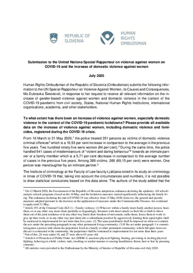 Prispevek Varuha posebni poročevalki ZN za nasilje nad ženskami, njegove vzroke in posledice o povečanju nasilja nad ženskami in nasilja v družini v času pandemije COVID-19