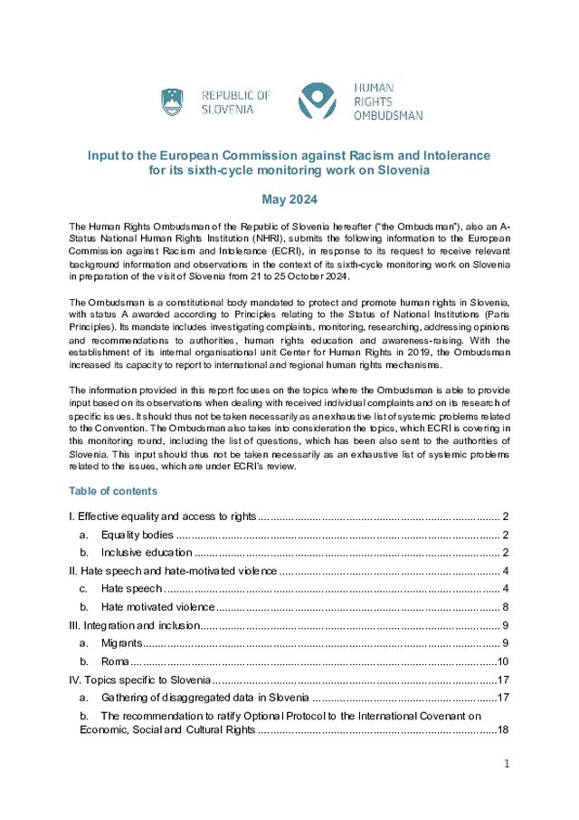 Prispevek Varuha za Evropsko komisijo proti rasizmu in nestrpnosti (ECRI) v okviru šestega kroga spremljanja za Slovenijo