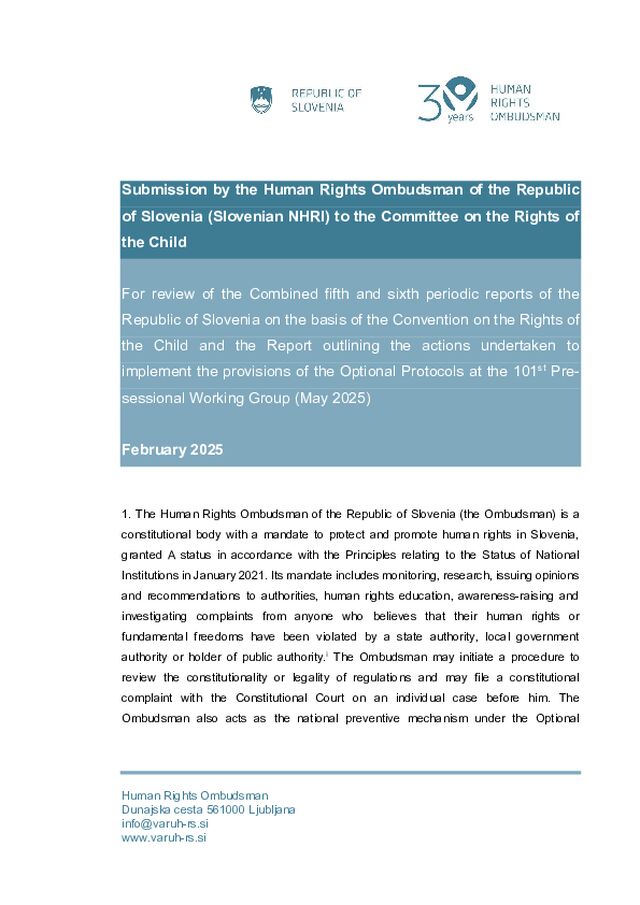 Prispevek za Odbor za pravice otrok ob sprejemanju seznama vprašanj ob obravnavi združenega petega in šestega periodičnega poročila Slovenije