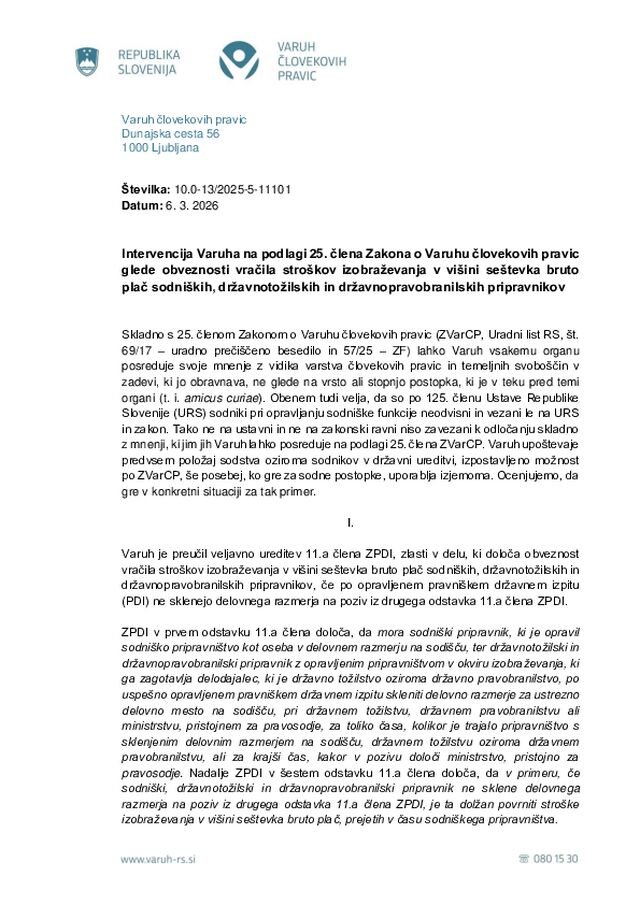 Neodvisna intervencija Varuha na podlagi 25. člena ZVarCP: dolžnost povrnitve stroškov izobraževanja v času sodniškega pripravništva
