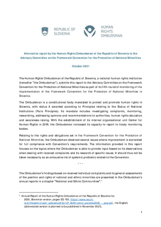 Alternativno poročilo Varuha za Svetovalni odbor Okvirne konvencije za varstvo narodnih manjšin