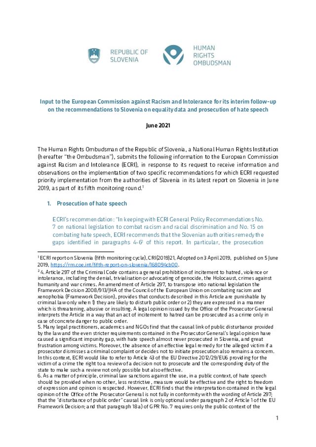 Prispevek Varuha za Evropsko komisijo proti rasizmu in nestrpnosti (ECRI) v okviru vmesnega spremljanja priporočil Sloveniji glede podatkov o enakosti in pregona sovražnega govora