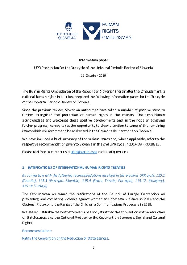 Informativni dokument za Predhodno zasedanje UPR za tretji cikel univerzalnega periodičnega pregleda Slovenije (ang)
