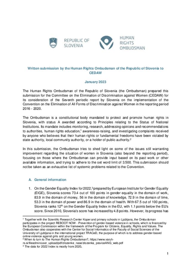Prispevek za Odbor za odpravo diskriminacije žensk (CEDAW) ob obravnavi sedmega periodičnega poročila Slovenije o izvajanju Konvencije o odpravi vseh oblik diskriminacije žensk (ang)