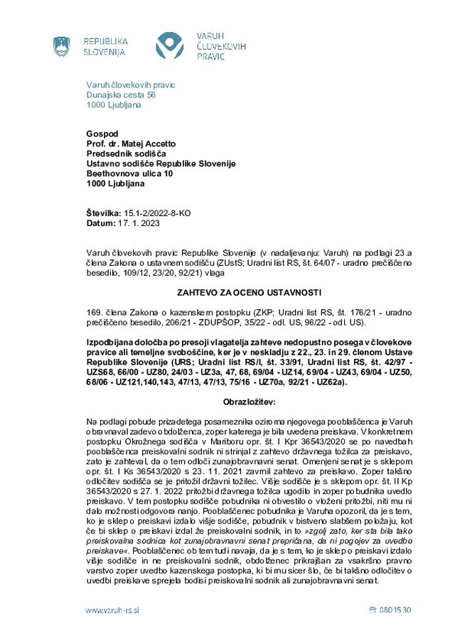 Zahteva za oceno ustavnosti 169. člena Zakona o kazenskem postopku (ZKP); vložena 18. 1. 2023