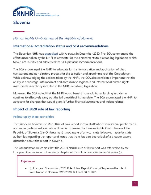 Prispevek o stanju vladavine prava v Sloveniji za regionalno poročilo Evropske mreže nacionalnih institucij za človekove pravice (ENNHRI) o stanju vladavine prava v Evropi 2021