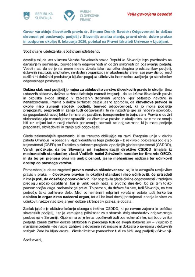 Govor varuhinje  na posvetu Odgovornost in dolžna skrbnost pri poslovanju podjetij v Sloveniji, Pravna fakulteta Univerze v Ljubljani