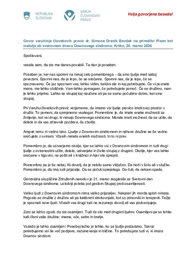 Govor varuhinje na prireditvi Pisan kot metulj ob svetovnem dnevu Downovega sindroma