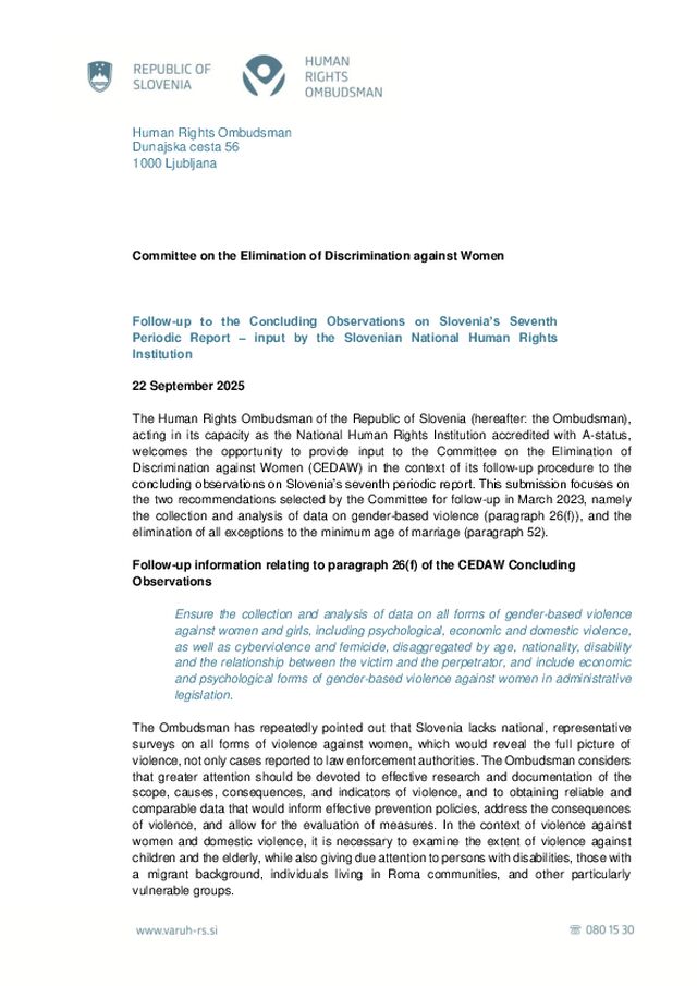Prispevek za Odbor za odpravo diskriminacije žensk (CEDAW) v okviru vmesnega spremljanja prednostnih priporočil iz zaključnih ugotovitev glede sedmega periodičnega poročila Slovenije