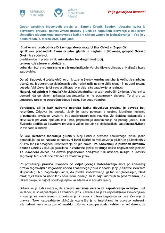 Govor varuhinje na posvetu Zveze društev gluhih in naglušnih Slovenije z naslovom Umestitev slovenskega znakovnega jezika v sistem vzgoje in izobraževanja – Vse je v naših rokah