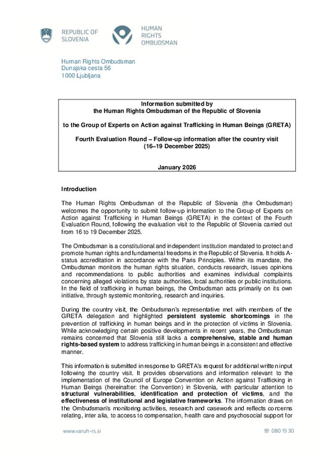 Prispevek za Skupino strokovnjakov za ukrepanje proti trgovini z ljudmi (GRETA) – četrti krog ocenjevanja (dodatne informacije po obisku države) (ang)