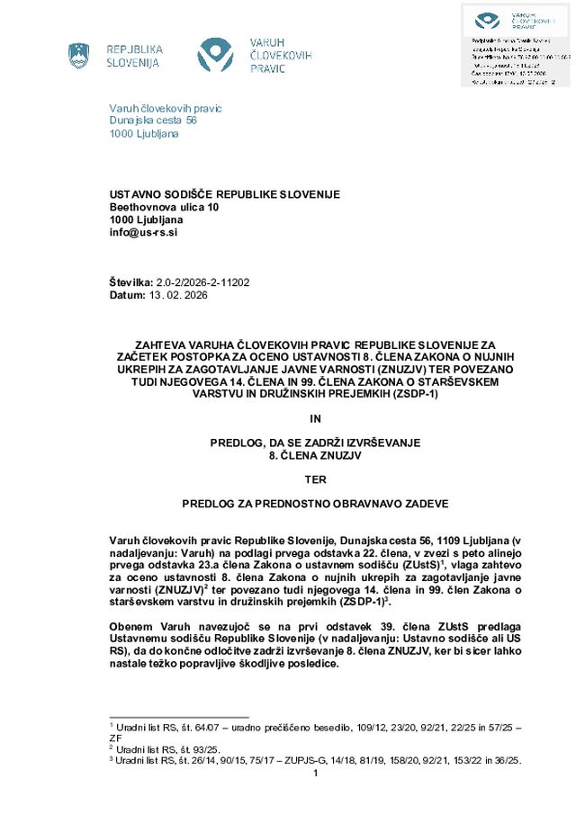 Zahteva za oceno ustavnosti 8. in 14. člena ZNUZJV ter 99. člena ZSDP-1, vložena 13. 2. 2026
