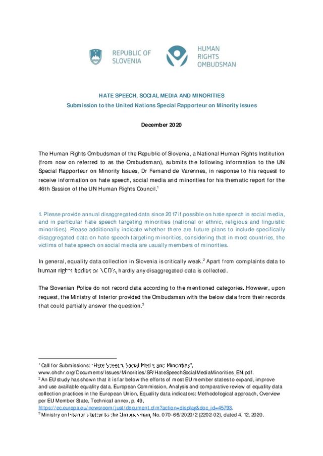Prispevek posebnemu poročevalcu ZN za vprašanja manjšin o sovražnem govoru, družbenih omrežjih in manjšinah za pripravo tematskega poročila za 46. zasedanje Sveta OZN za človekove pravice