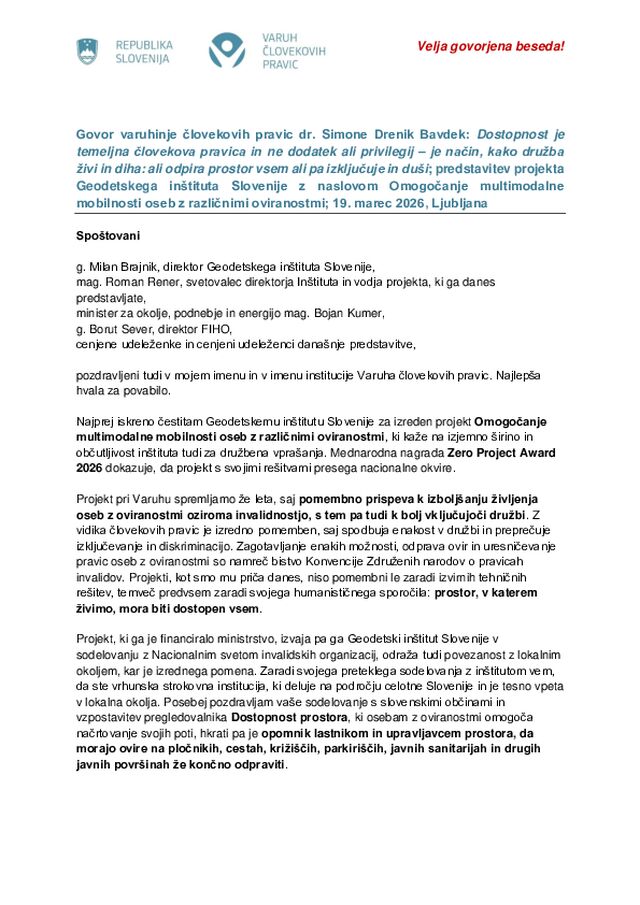 Govor varuhinje na predstavitvi projekta Geodetskega inštituta Slovenije Omogočanje multimodalne mobilnosti oseb z različnimi oviranostmi