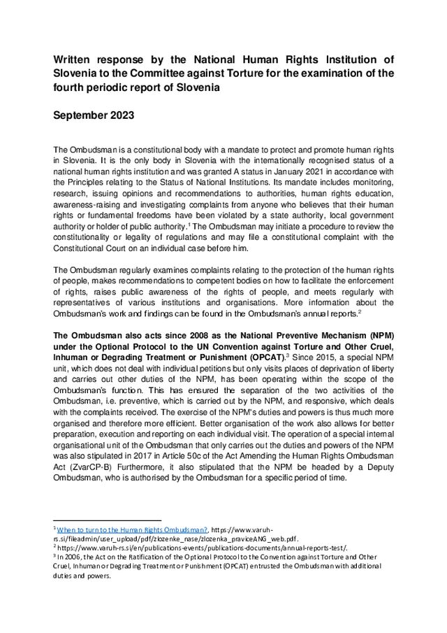 Prispevek Varuha Odboru proti mučenju za obravnavo četrtega periodičnega poročila Slovenije