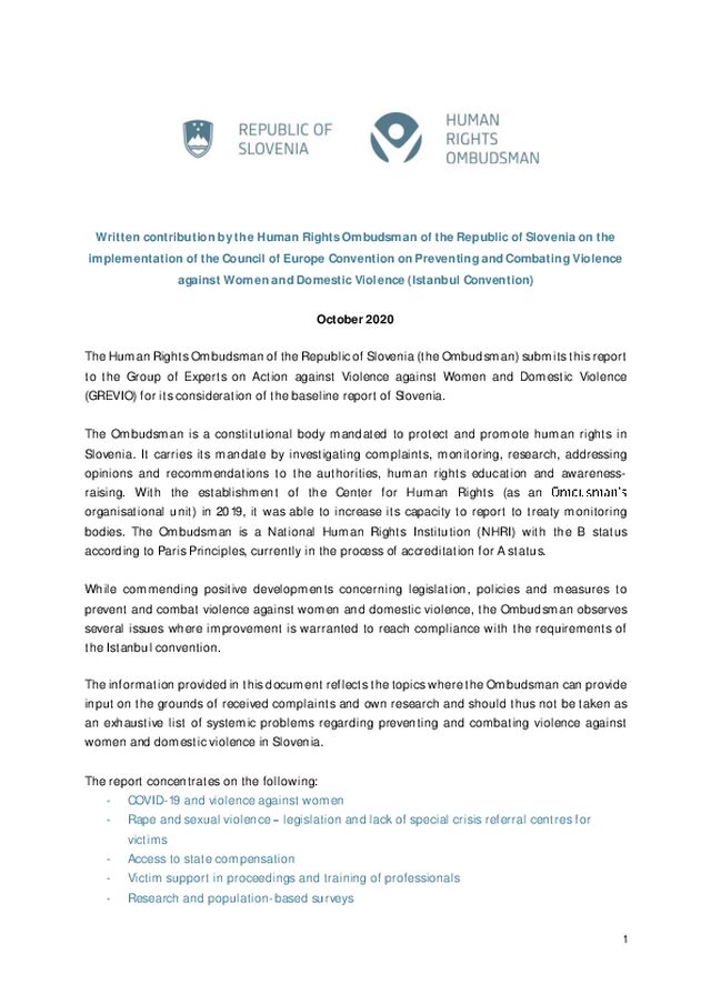 Prispevek za Skupino strokovnjakov SE za ukrepanje proti nasilju nad ženskami in v družini (GREVIO) v okviru prvega tematskega evalvacijskega kroga o izvajanju Istanbulske konvencije