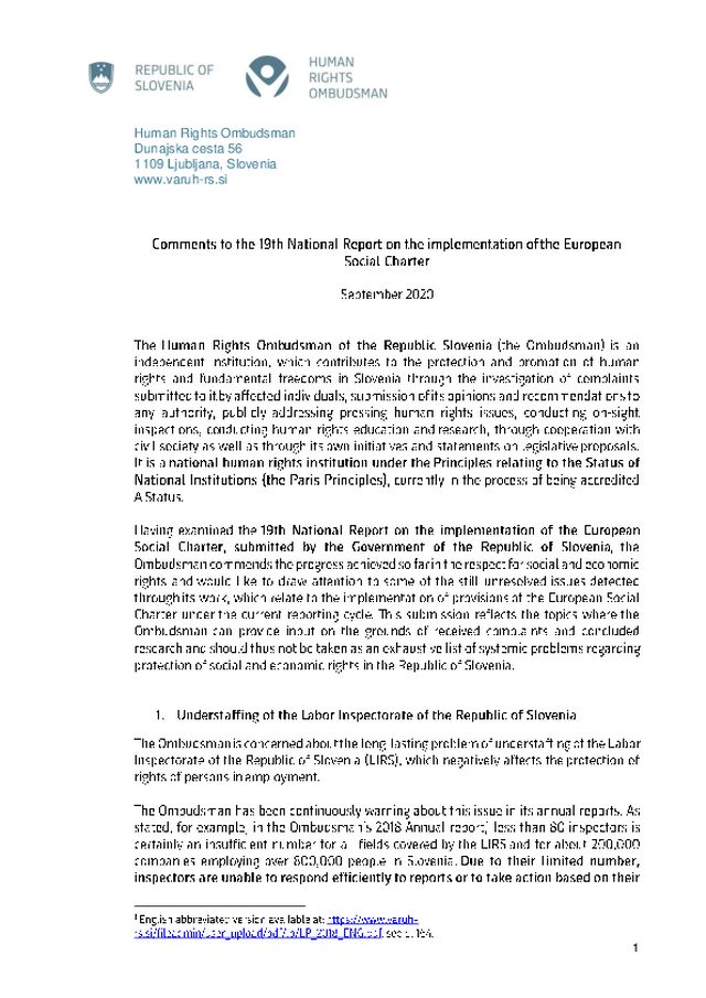 Komentarji k 19. nacionalnem poročilu o implementaciji Evropske socialne listine (ang)