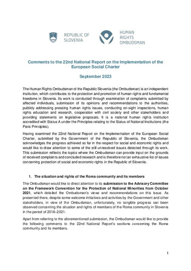 Komentarji k 22. nacionalnem poročilu o implementaciji Evropske socialne listine (ang)
