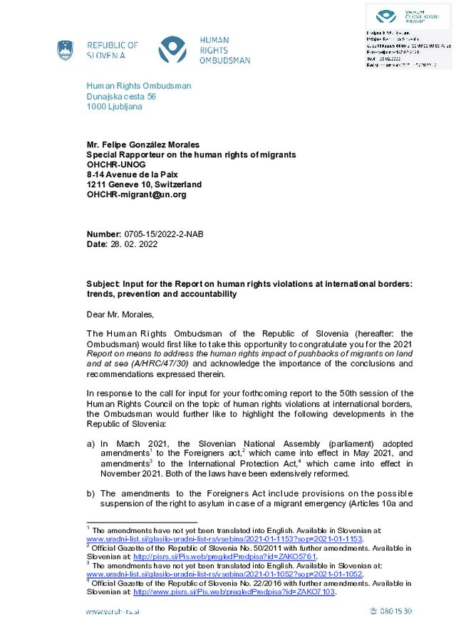 Prispevek k Poročilu posebnega poročevalca ZN za človekove pravice migrantov o kršitvah človekovih pravic na mednarodnih mejah: trendi, preprečevanje in odgovornost (ang)