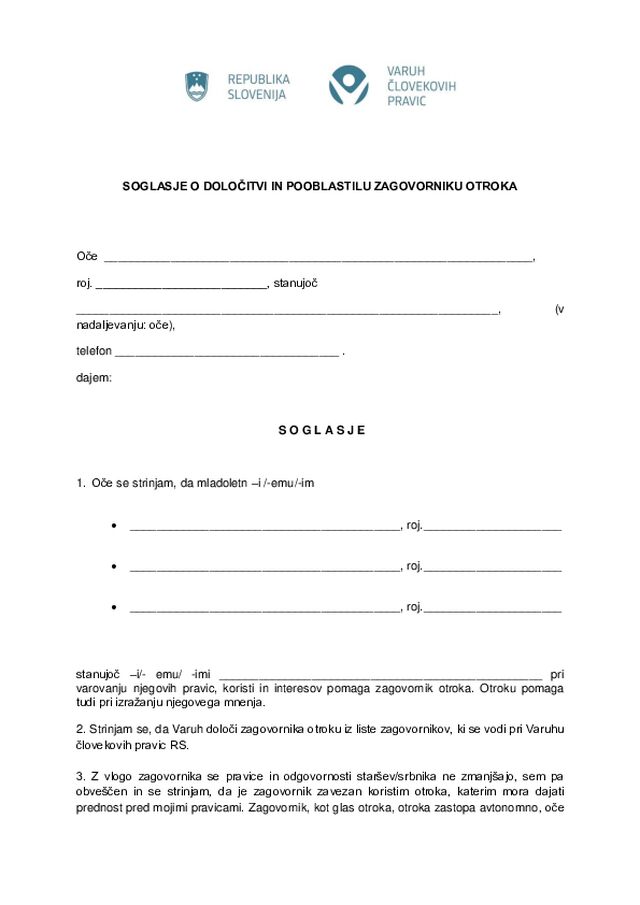 Soglasje za postavitev zagovornika