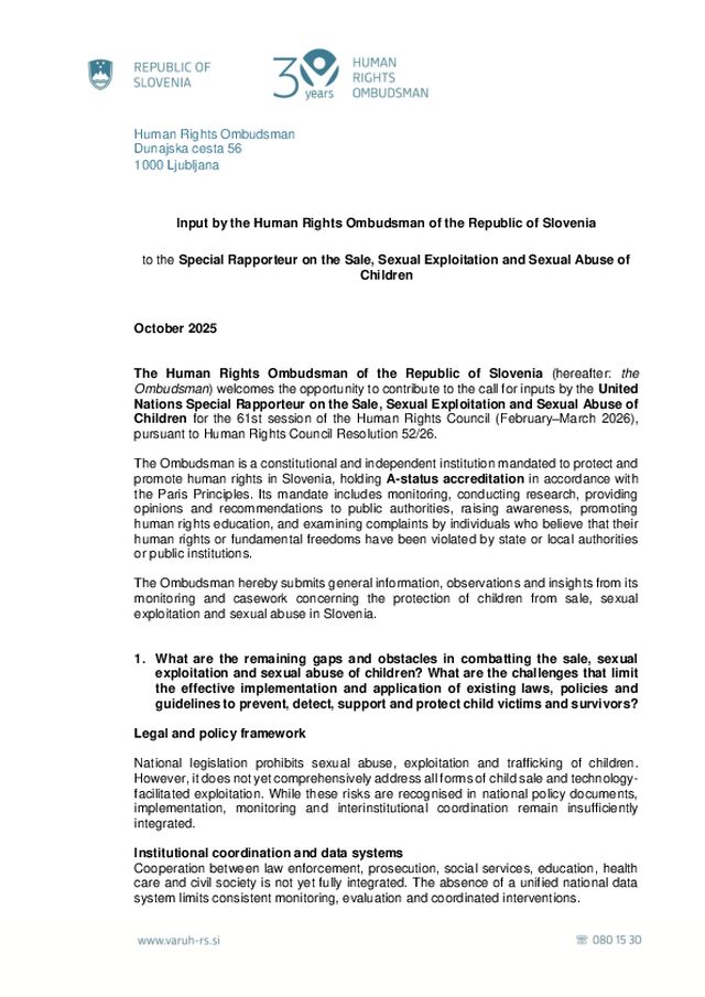 Prispevek posebni poročevalki OZN za prodajo, spolno izkoriščanje in spolne zlorabe otrok