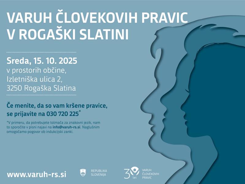 Plakat o poslovanju v Rogaški Slatini na katerem piše, da bo Varuh posloval v Rogaški 15. 10. v prostorih občine in da se naj ljudje prijavijo na navedeno telefonsko številko.