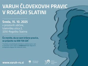 Plakat o poslovanju v Rogaški Slatini na katerem piše, da bo Varuh posloval v Rogaški 15. 10. v prostorih občine in da se naj ljudje prijavijo na navedeno telefonsko številko.