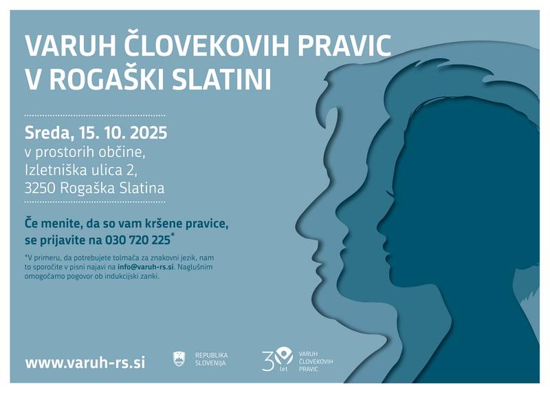 Plakat o poslovanju v Rogaški Slatini na katerem piše, da bo Varuh posloval v Rogaški 15. 10. v prostorih občine in da se naj ljudje prijavijo na navedeno telefonsko številko.